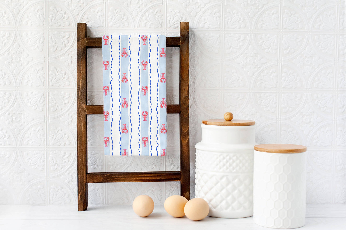Lobster Striped Tea Towel - Coastal Summer Kitchen Tea Towel