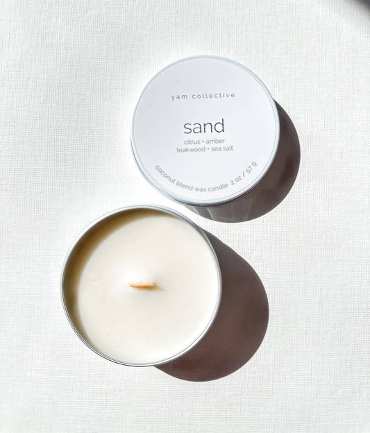 Sand- 2 oz citrus, amber, teak, sea salt Travel Tin Candle