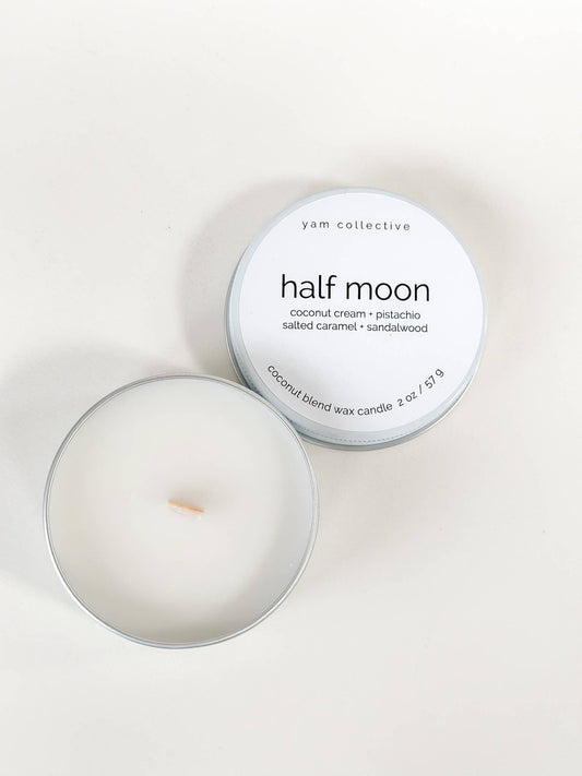 Half Moon - 2 oz Pistachio + Caramel Travel Tin Candle