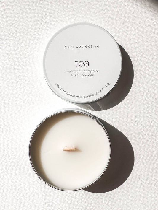 Tea- 2 oz mandarin, bergamot, linen Travel Tin Candle