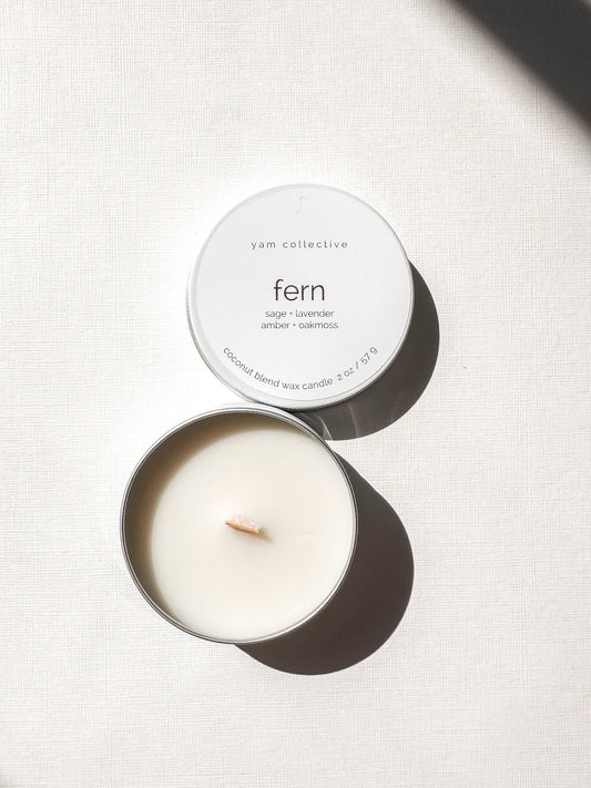 Fern - 2 oz sage, lavender, amber,  Travel Tin Candle