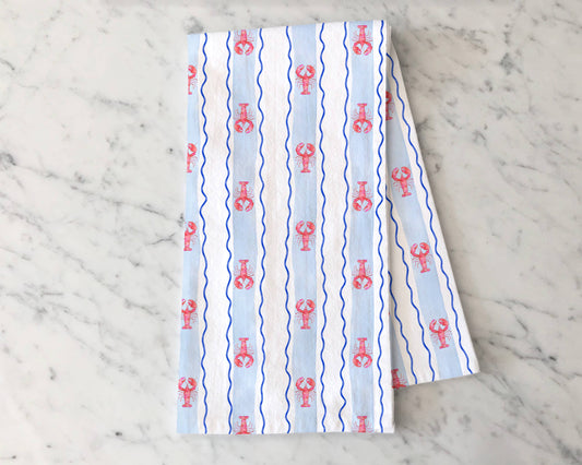 Lobster Striped Tea Towel - Coastal Summer Kitchen Tea Towel