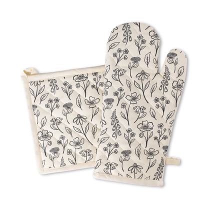 Pressed Floral Oven Mitt + Pot Holder Set