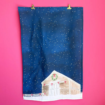 Whimsical Holiday Barn Tea Towel | Holiday Barn Dish Towel - kennedy and co